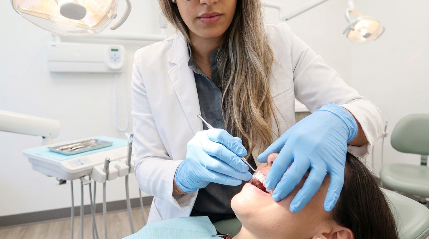 A close-up of skilled hands, wearing light blue disposable gloves, meticulously adjusting a patient's clear aligner tray in a well-lit, sterile orthodontic treatment room.
