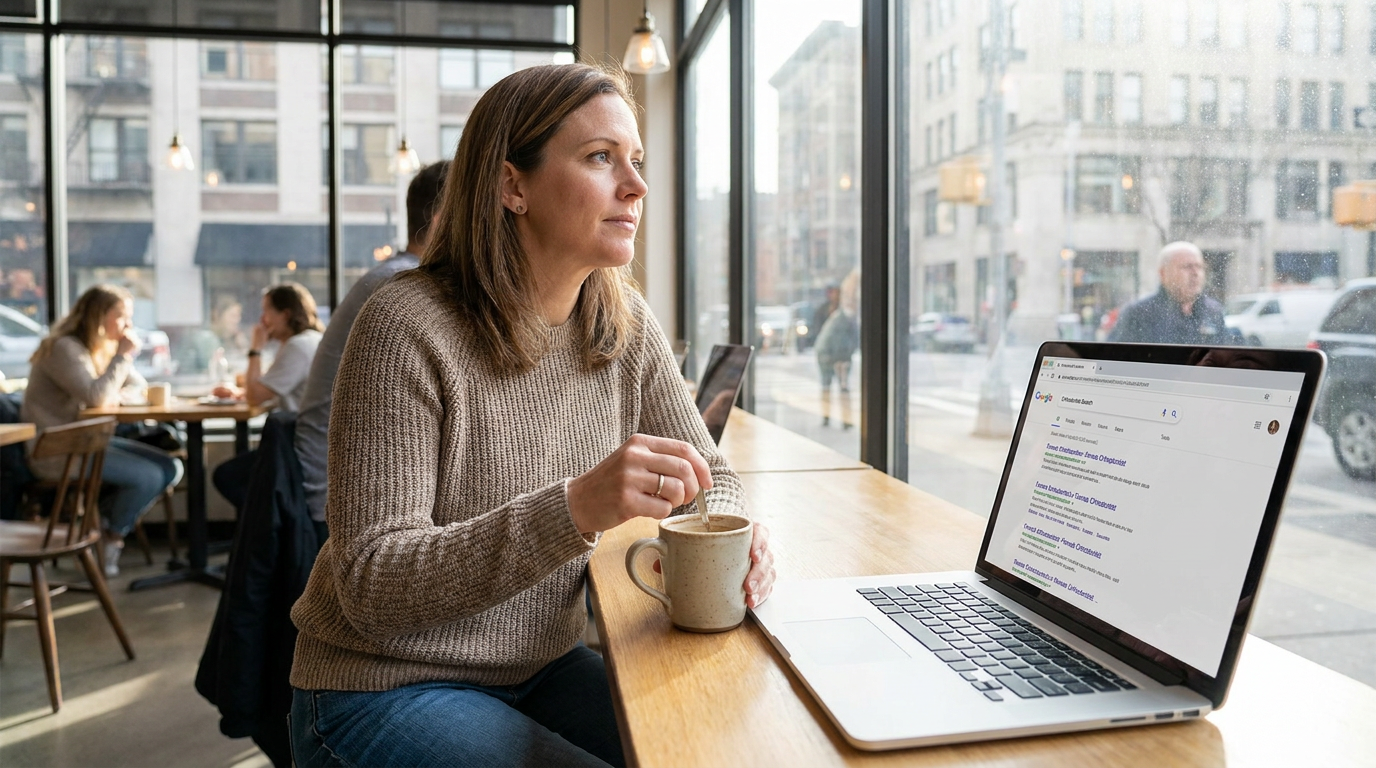 Allison, sits thoughtfully in a bright, modern cafe, absentmindedly stirring her coffee.