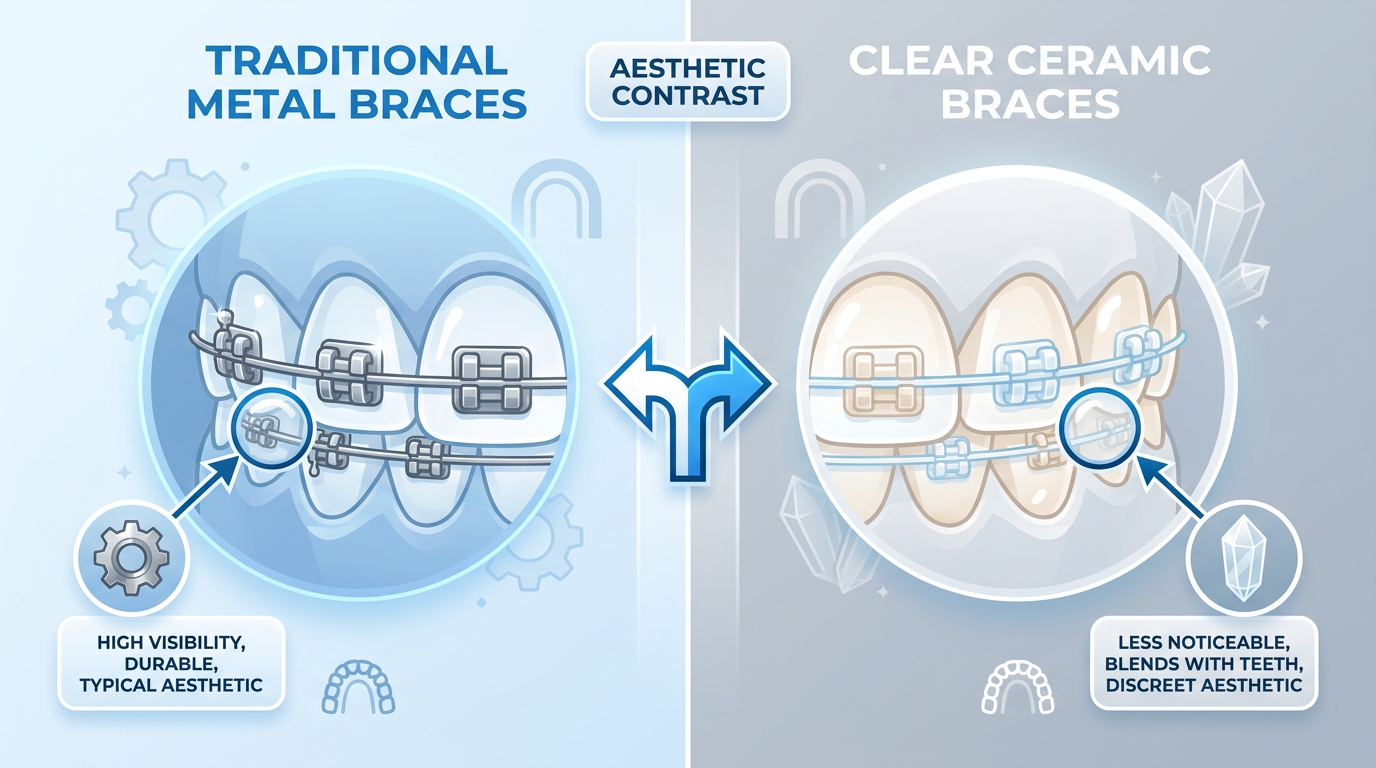 A split-screen image, with one side showing a close-up of traditional metal braces on teeth and the other side showing clear ceramic braces on teeth.