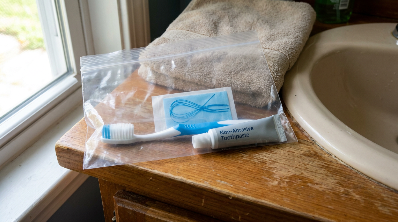 A close-up shot of hands holding a clear braces care kit, featuring a soft-bristled toothbrush, special floss threaders, and a small tube of non-abrasive toothpaste, all neatly arranged on a bathroom counter.
