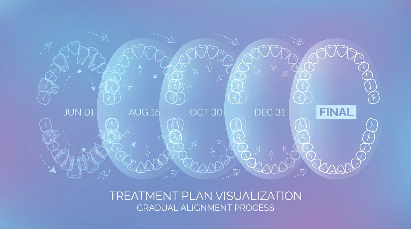 A subtly illustrative image showing overlapping transparent layers of a treatment plan, with faint outlines of teeth moving from a crowded position to a perfectly aligned one.