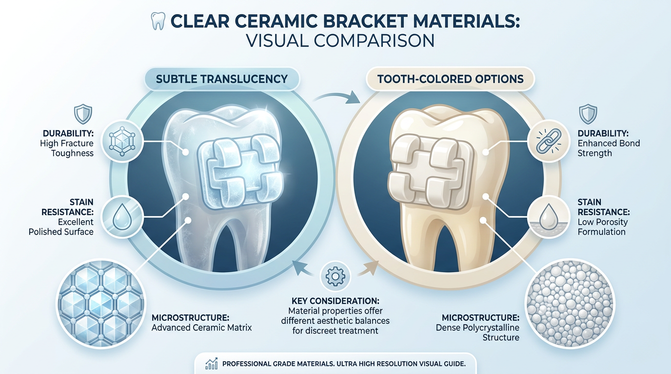 A visual comparison of clear ceramic bracket materials, showing the subtle translucency and tooth-colored options alongside magnified examples of the ceramic structure, with callouts for durability and stain resistance.