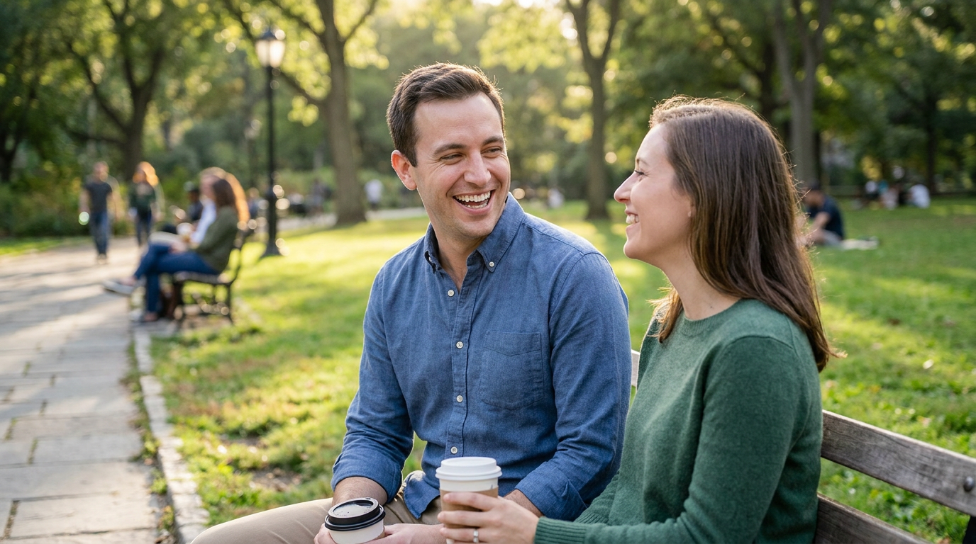 Nicholas, enjoys a casual conversation with a friend at a park, laughing naturally.