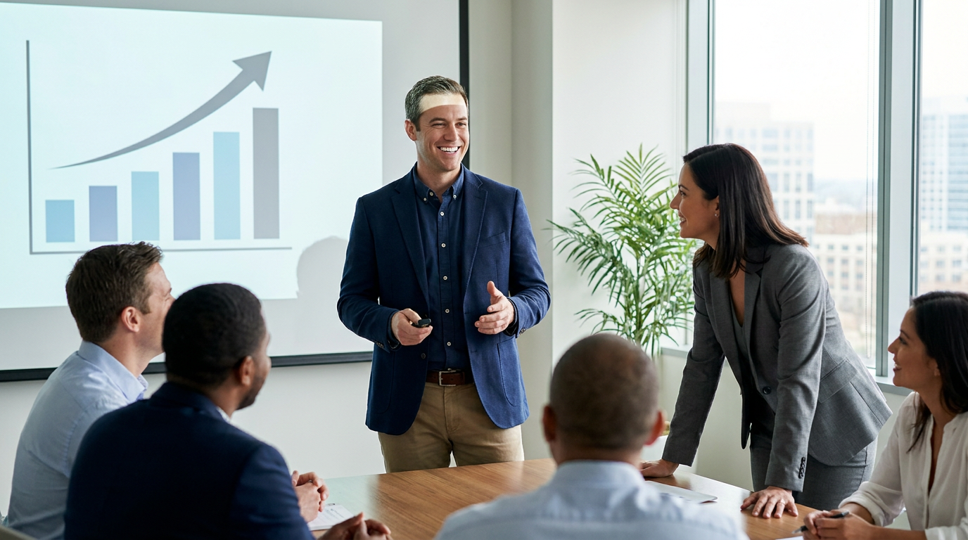 Eric, actively giving a professional presentation to colleagues, smiling confidently and broadly, showcasing his perfectly straight teeth.