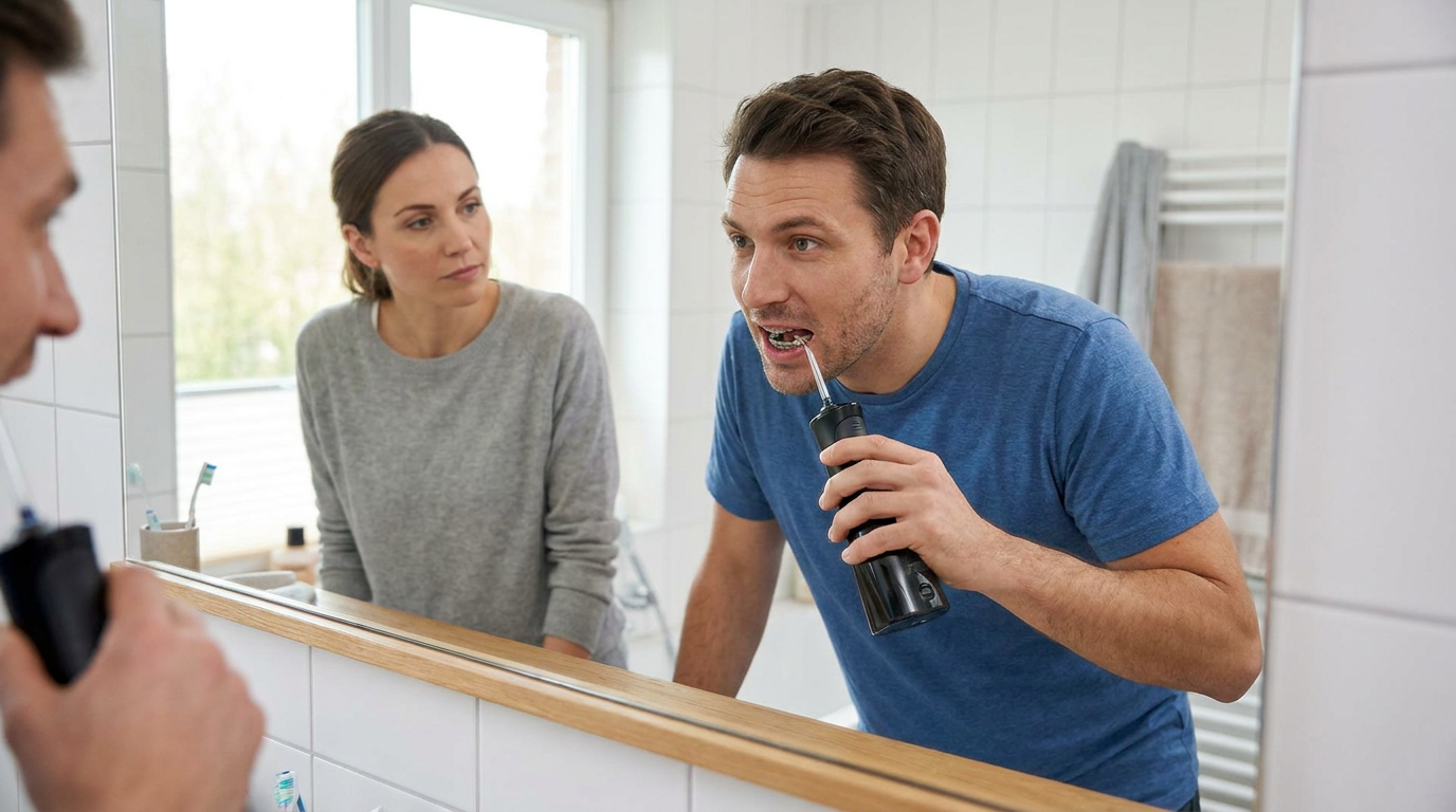 Eric, meticulously using a water flosser around his lingual braces in a bathroom mirror reflection, focused on oral hygiene.