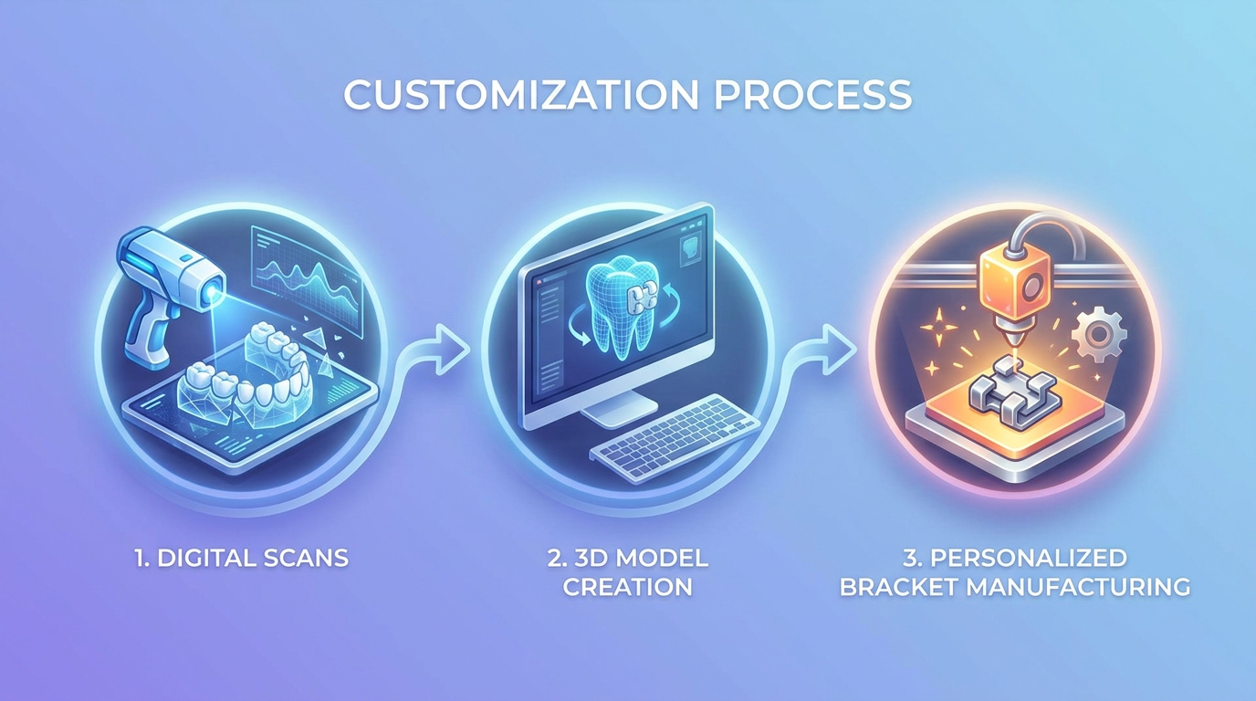 Minimal-text infographic visual: "Customization Process" with icons illustrating digital scans, 3D model creation, and personalized bracket manufacturing.