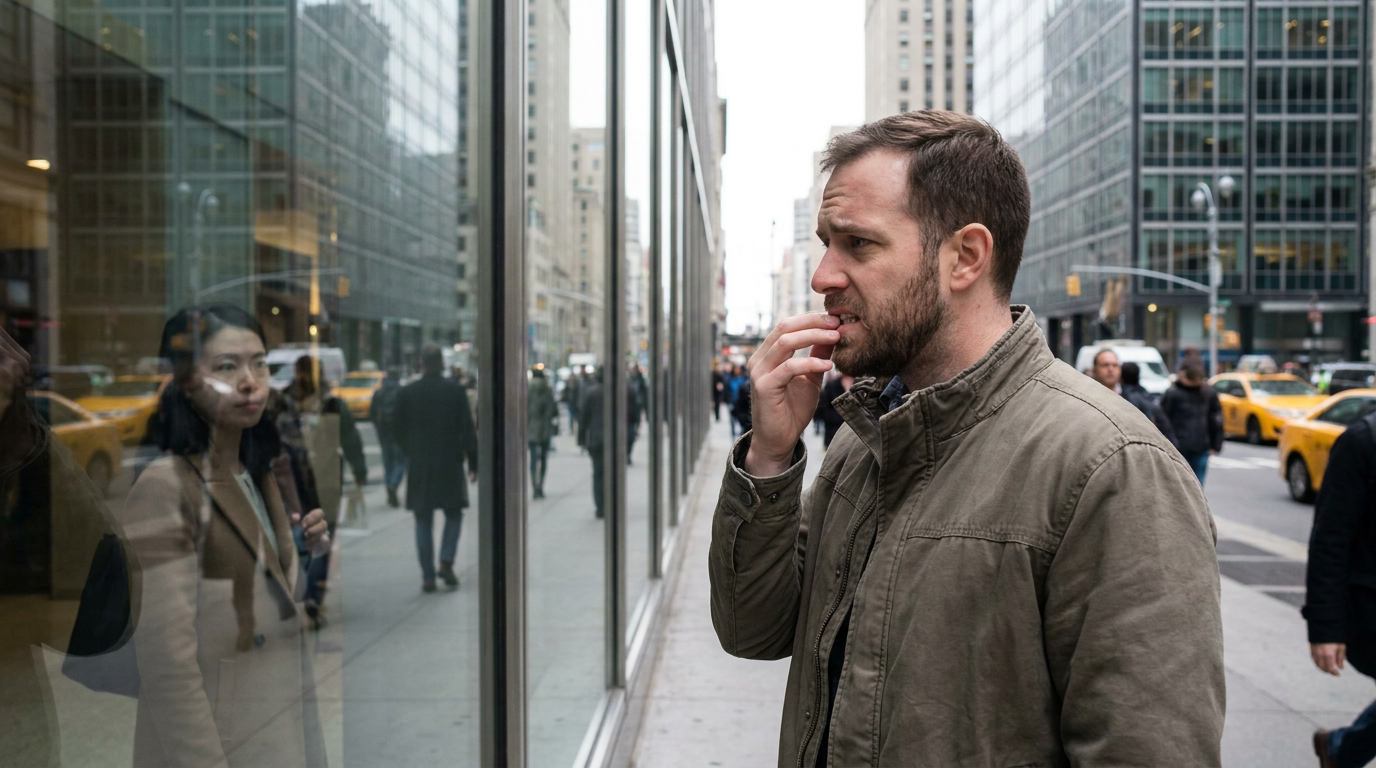 Eric, looking introspectively at his reflection in a building window, subtle self-consciousness about his slightly crooked teeth, in a bustling city environment.