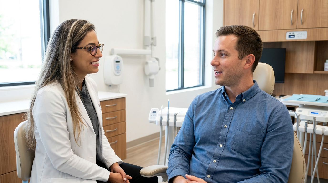 Eric, sits in a modern dental office, warmly speaking with Dr. Sahar Mostafavi, who is listening attentively.