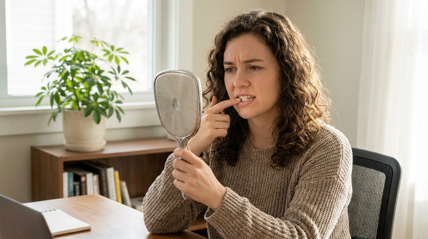 Grace, with curly brown hair and wearing a brown sweater, looks into a hand mirror and touches her front teeth while sitting at a wooden desk with a plant on a shelf in the background.