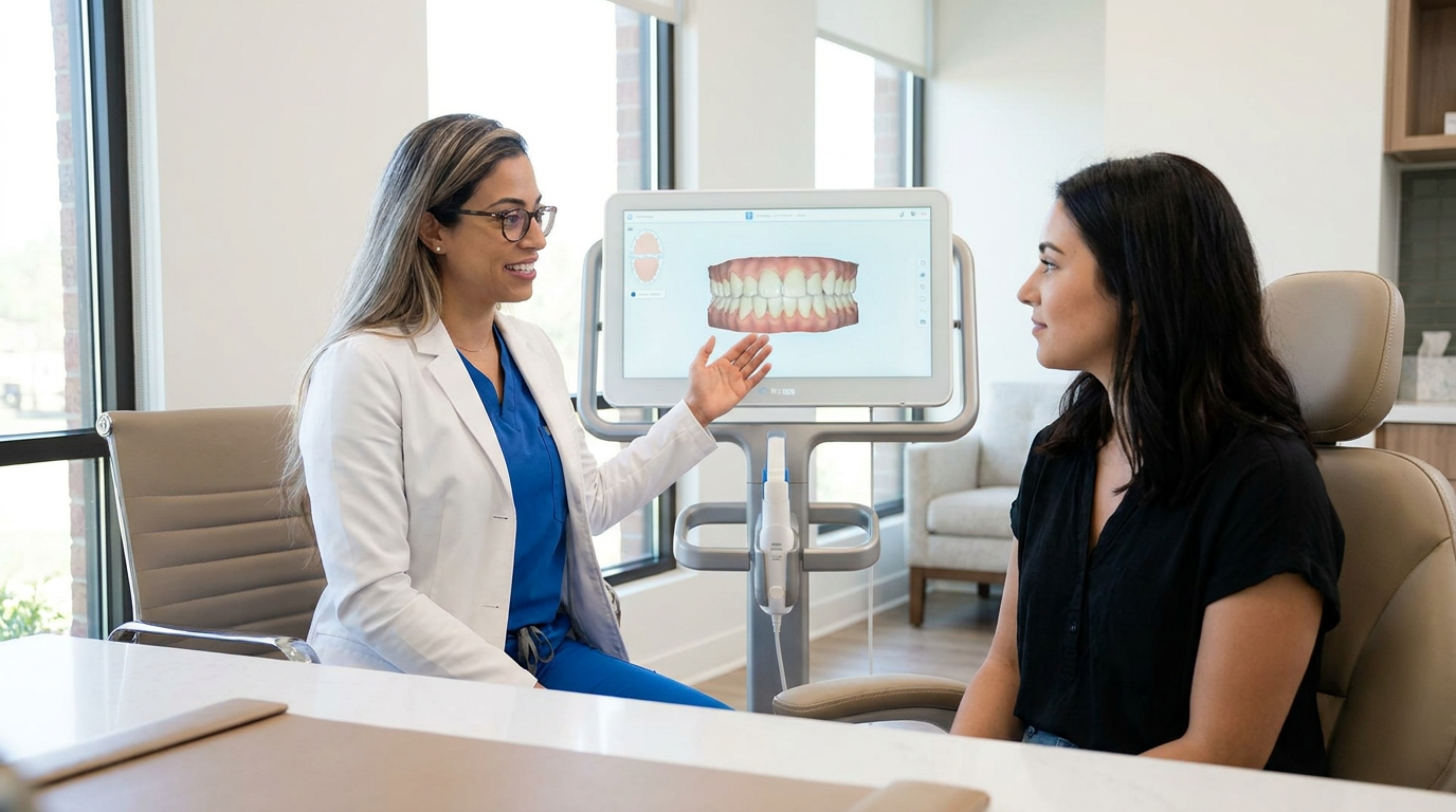 Dr. Sahar Mostafavi, wearing a white lab coat over blue scrubs, gestures toward a 3D model of teeth on a monitor while talking to Grace, who is seated in a tan chair.