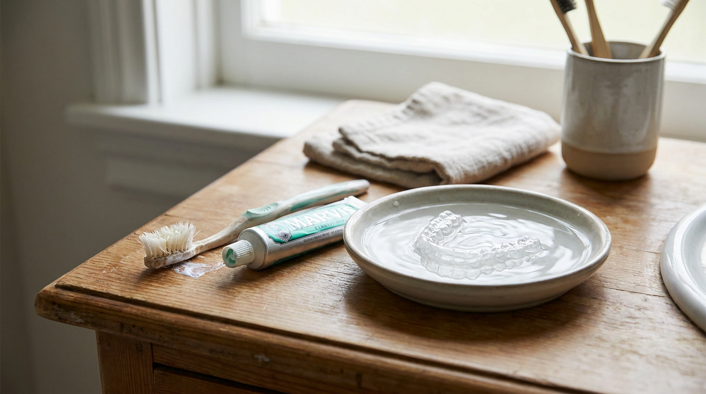 A toothbrush, toothpaste, and a clear dental aligner soaking in a dish of water are on a wooden surface next to a window, with a folded towel and a cup of toothbrushes in the background.