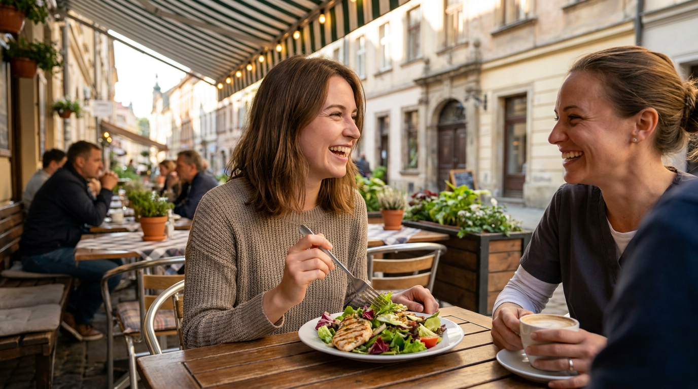 Grace, in a brown sweater, laughs while eating a salad with grilled chicken and talking to a woman in a gray shirt holding a coffee cup at an outdoor cafe with other patrons and buildings in the background.
