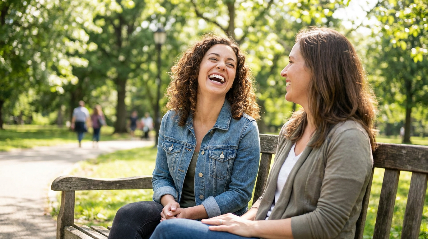 Two women sit on a wooden park bench, one with curly hair laughing with her mouth open, the other smiling and looking at her.