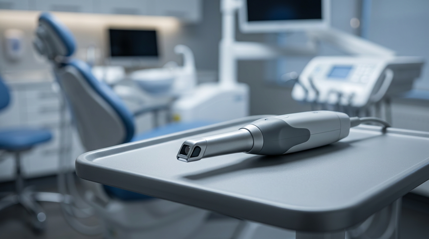 A gray and white dental scanner wand rests on a gray tray in the foreground, with a blurred dental chair and equipment in the background.