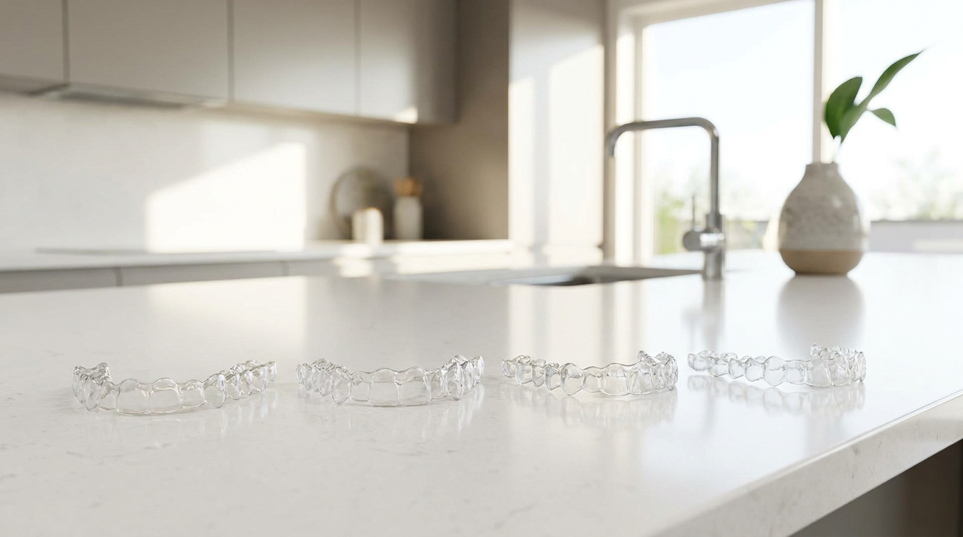 Four clear aligners are arranged in a row on a white kitchen counter with a sink, faucet, and a plant in a vase visible in the background.