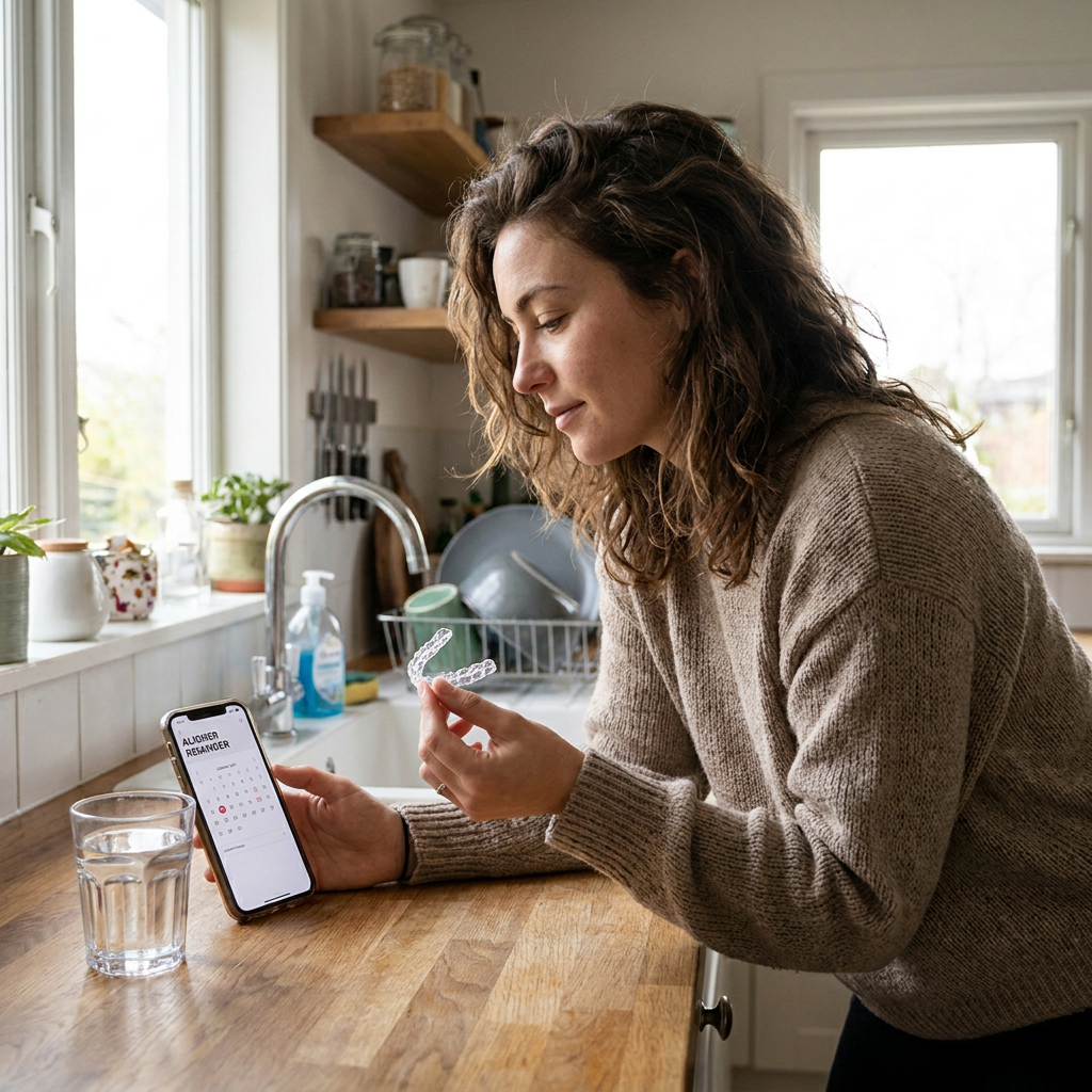 Maya stands in a kitchen, holding a clear aligner in one hand and a smartphone displaying a calendar in the other, with a glass of water on the counter beside her.
