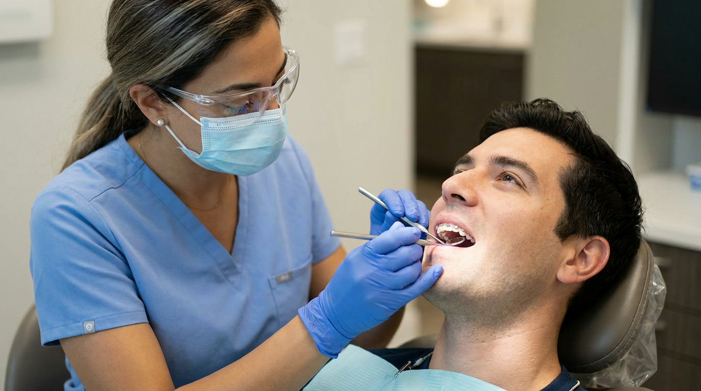 A dental professional in a light blue scrub top, mask, and safety glasses uses a dental mirror and probe to examine the teeth of a patient with braces, who is seated in a dental chair.