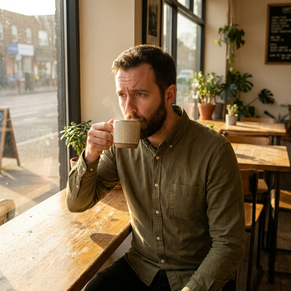 Jason, wearing an olive button-down shirt, sips from a steaming ceramic mug while looking out a cafe window, with sunlight streaming in and plants on the window sill.