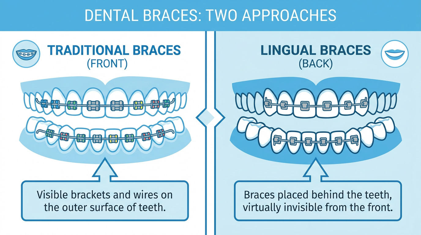 An illustration shows two dental arches, with traditional braces visible on the front of the teeth on the left, and lingual braces on the back of the teeth on the right.