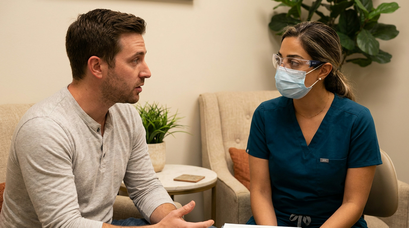 A man in a gray long-sleeve shirt gestures while speaking to a dental professional in teal scrubs, a face mask, and safety glasses, both seated in a consultation room with plants and a side table.