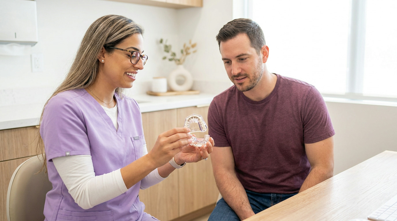 A dental professional in a lavender scrub top and glasses smiles while holding a clear dental model for a male patient in a maroon shirt, both seated at a light wood desk in a bright room.