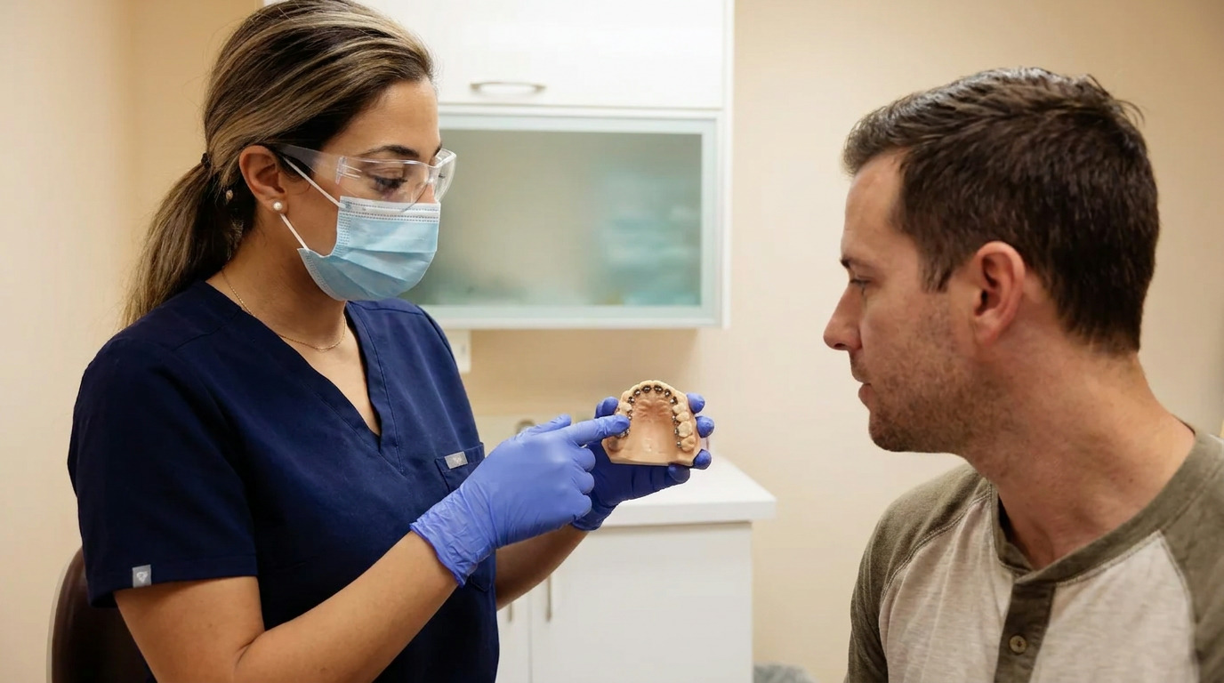 A dental professional in blue scrubs, mask, and safety glasses points to a dental model with braces while speaking to a male patient in a grey shirt.