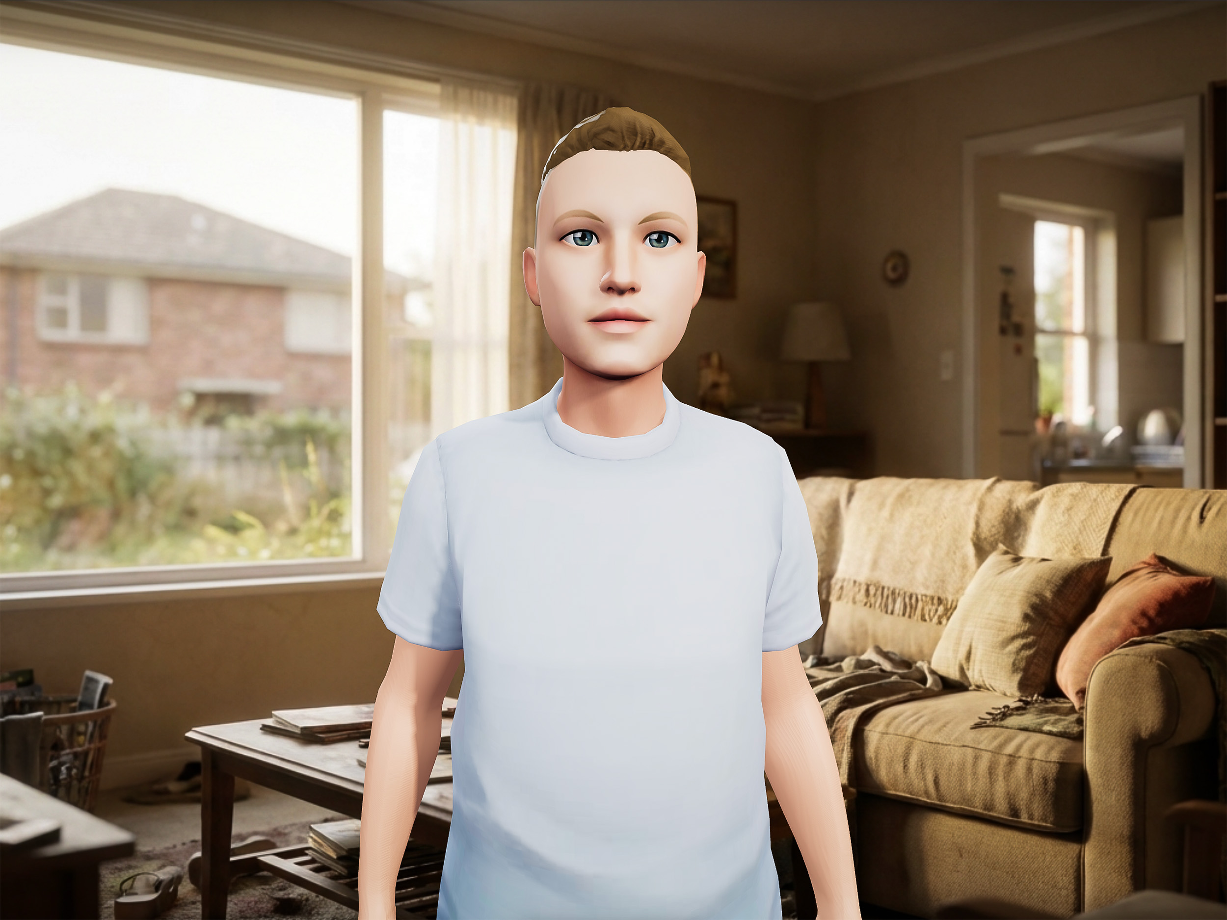 AI simulation character standing in a bedroom for youth conversation training scenario
