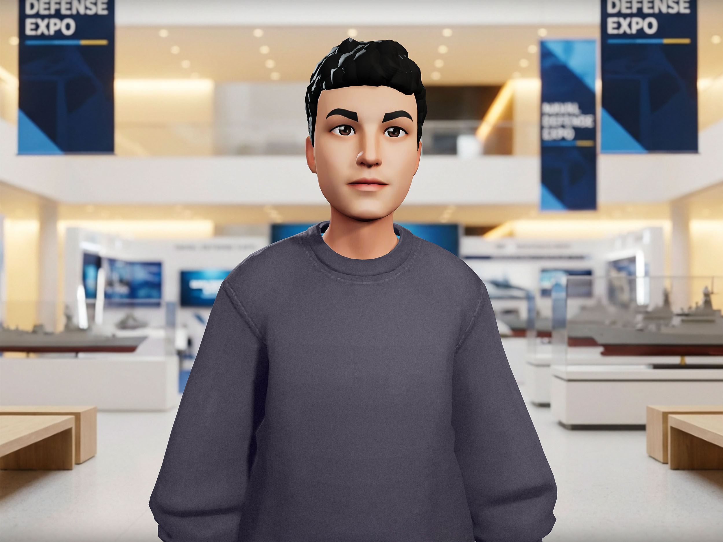 AI simulation character standing in a navy conference training scenario