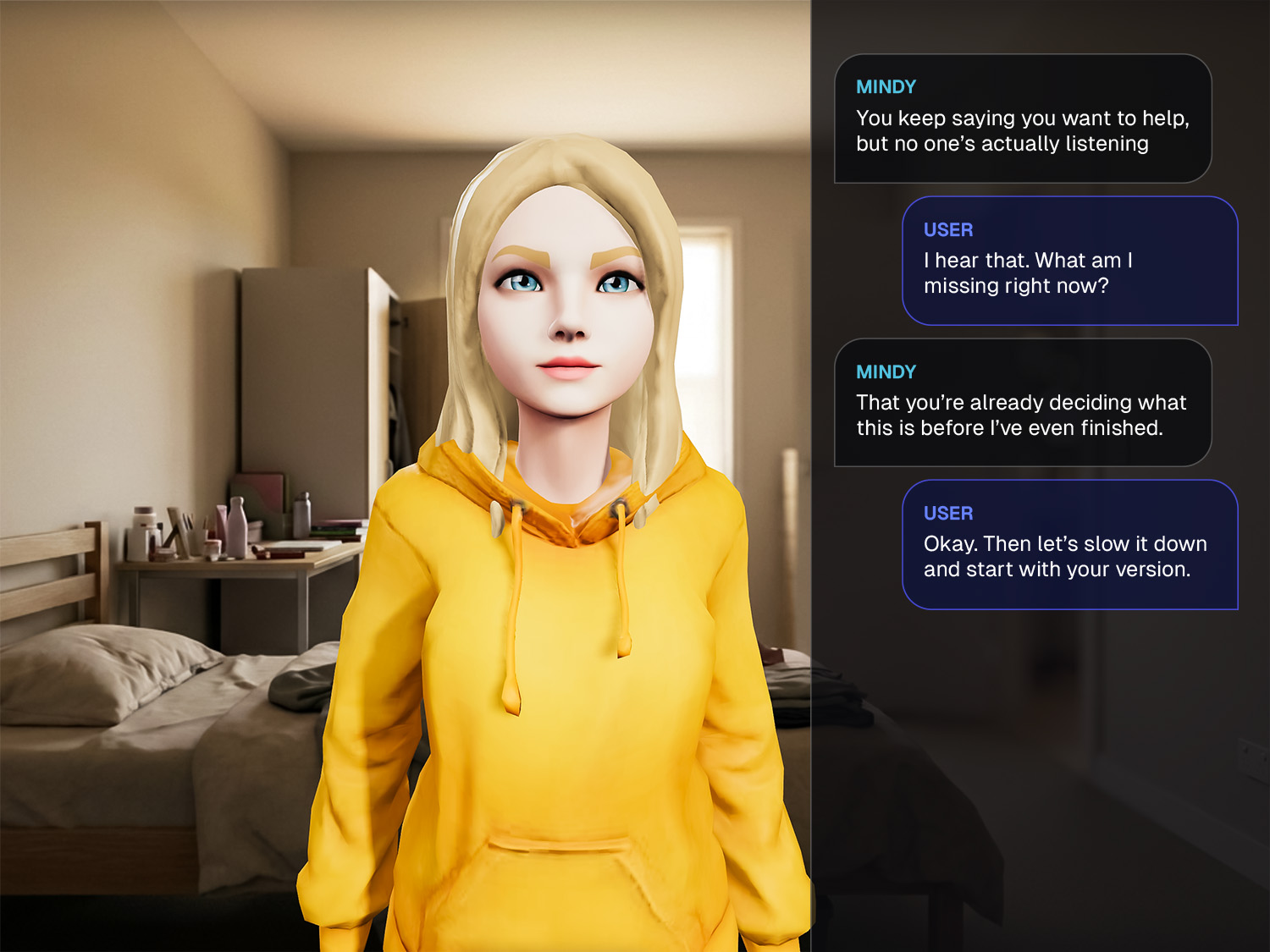 AI simulation training showing a character called Mindy in an unscripted conversation