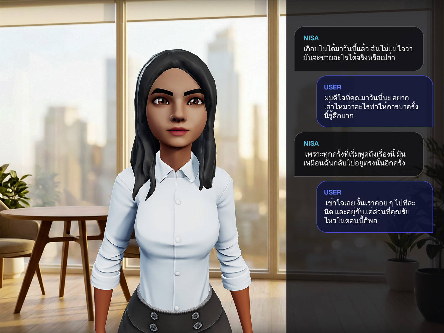 AI simulation training platform showing a character speaking in Thai