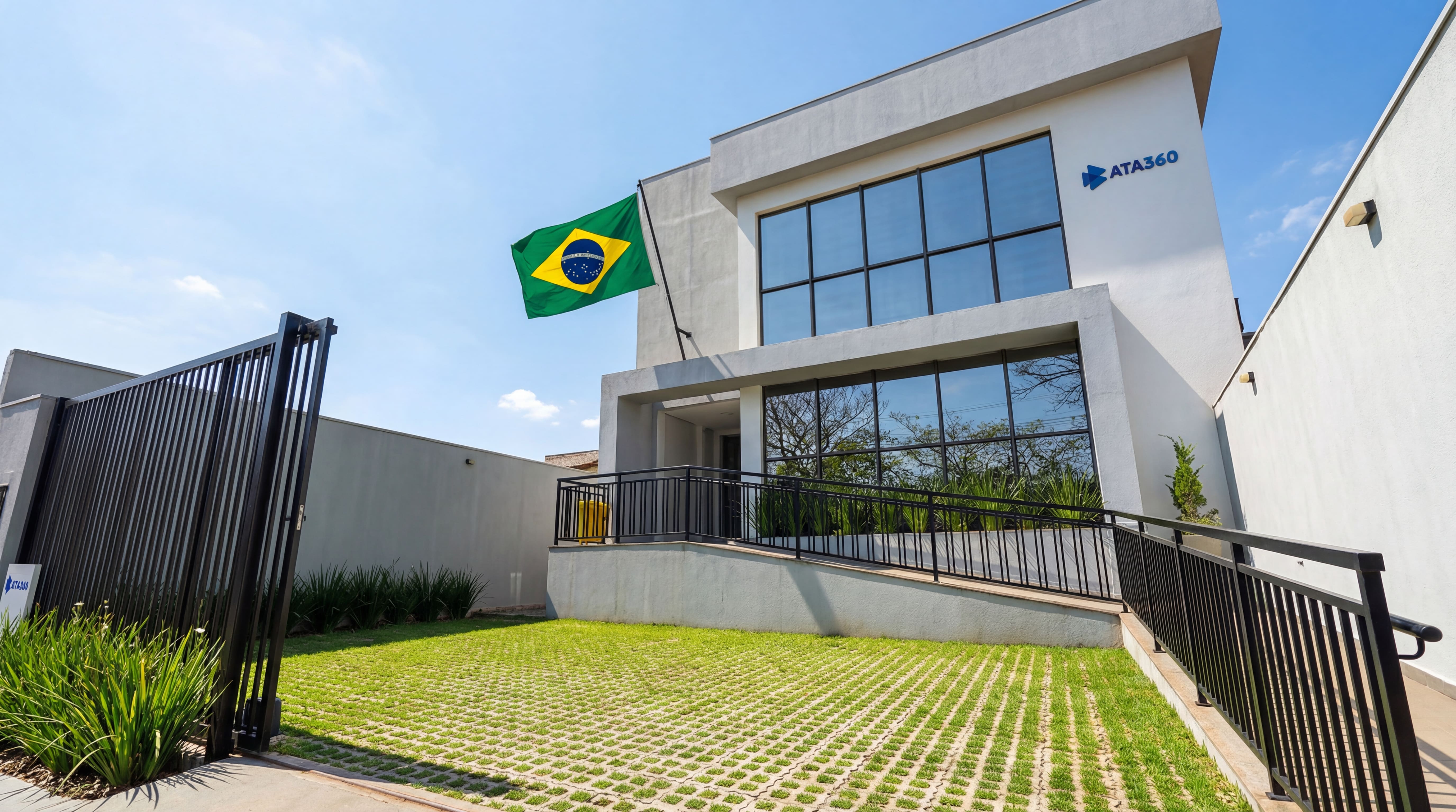 Sede ATA360 em Vespasiano Minas Gerais - Fachada do escritório com bandeira do Brasil