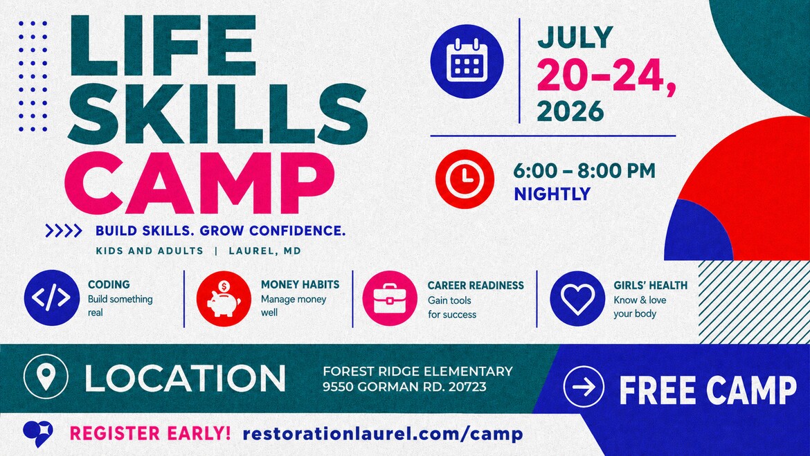 Life Skills Camp July 20-24, 2026, 6-8 PM nightly at Forest Ridge Elementary, free camp for kids and adults.