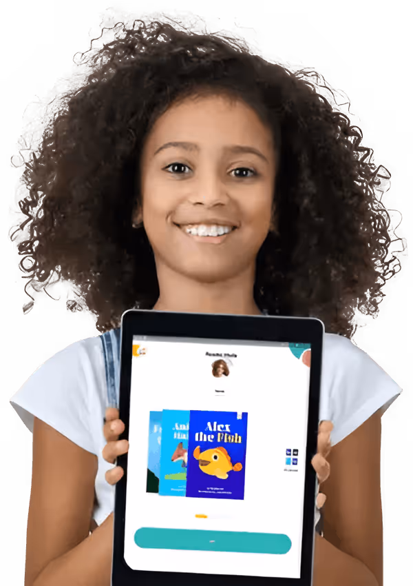 Smiling child holding a tablet showing Readability Tutor.