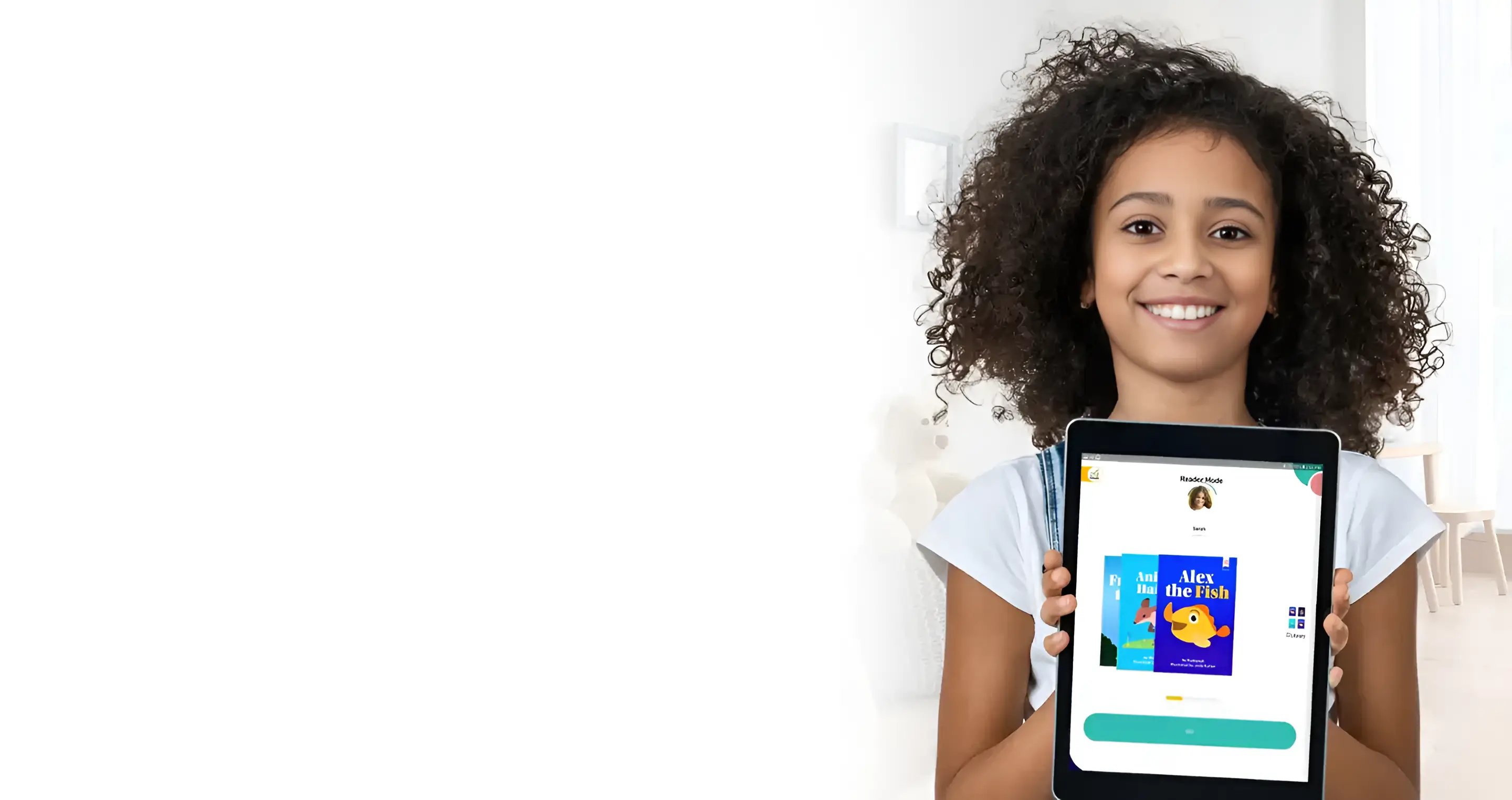 Smiling child holding a tablet showing Readability Tutor.