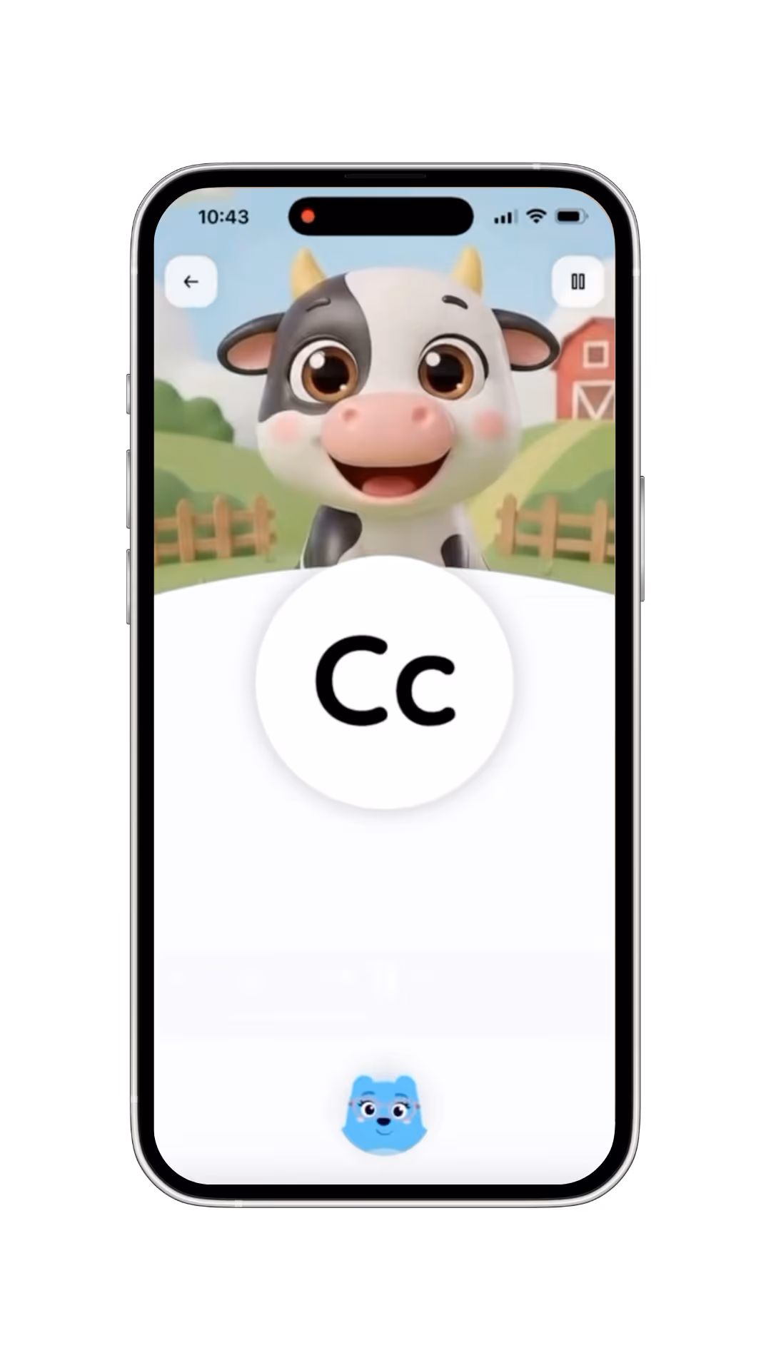 Mobile app screen shows animated cow and letter Cc for a kids learning game.