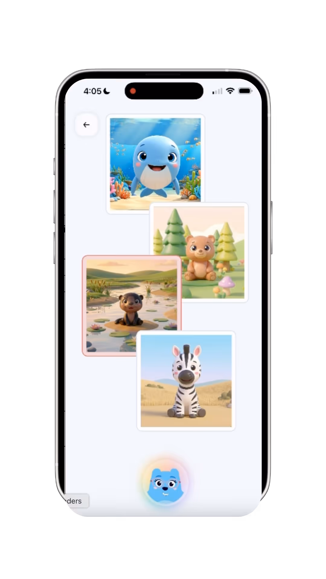 Phone screen showing cartoon animals: dolphin, bear with trees, otter on lily pads, and zebra in fields.