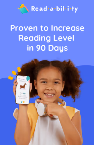 Smiling girl holding a phone with reading app and text about increasing reading level in 90 days.