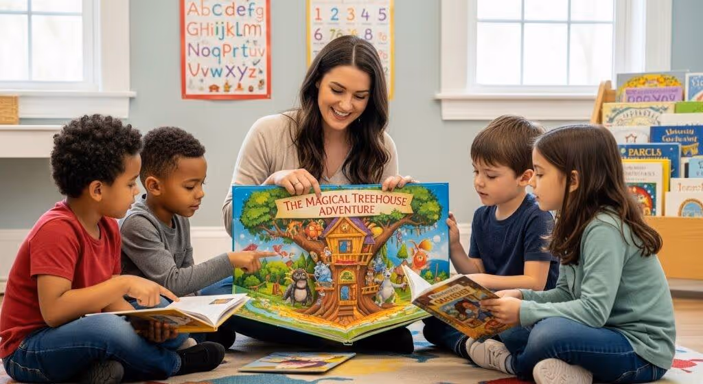 Student engaging in a learning activity with colorful book.