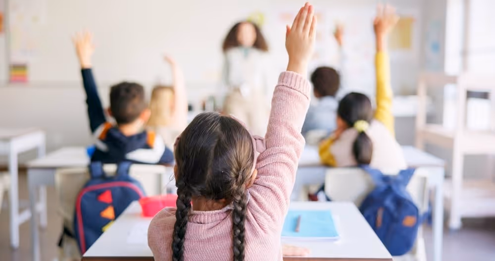 Student raising hand in classroom