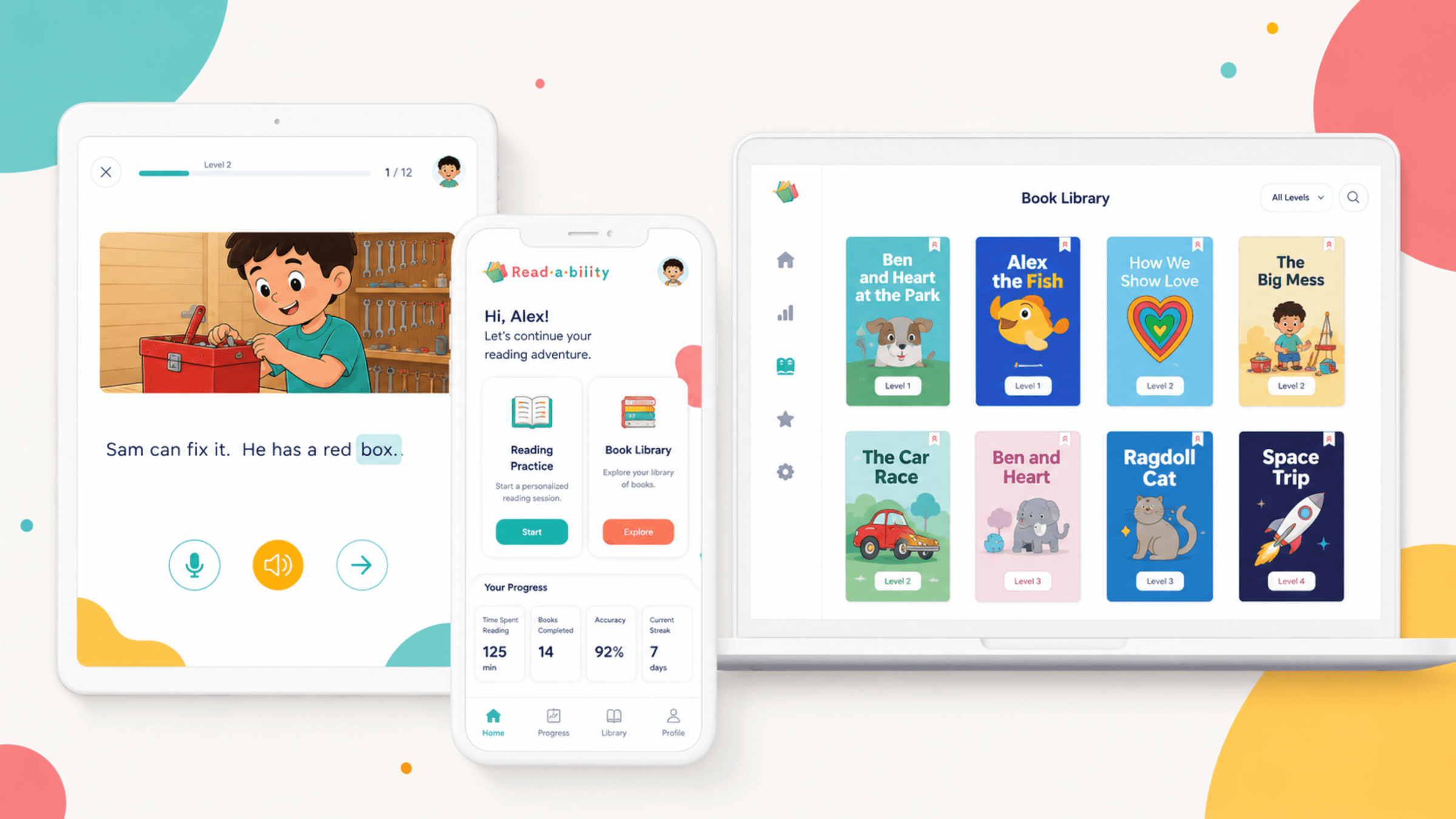 Readability dyslexia reading app featuring reading feedback and interactive stories