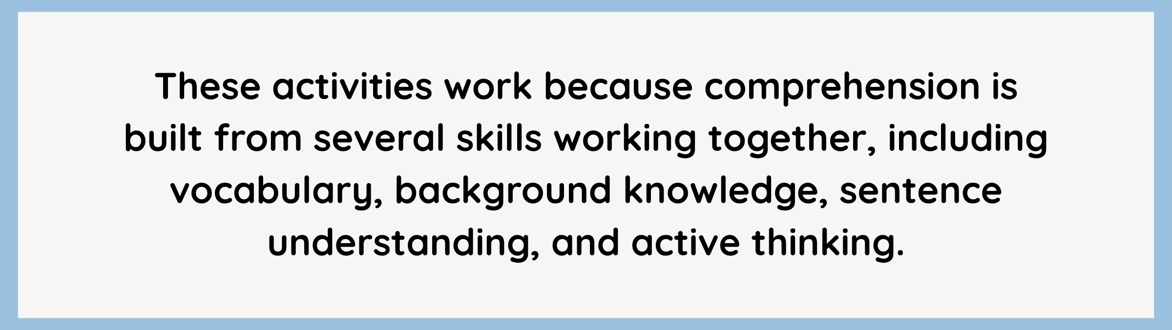 Quote explaining how reading comprehension activities strengthen understanding by connecting vocabulary, background knowledge, and critical thinking