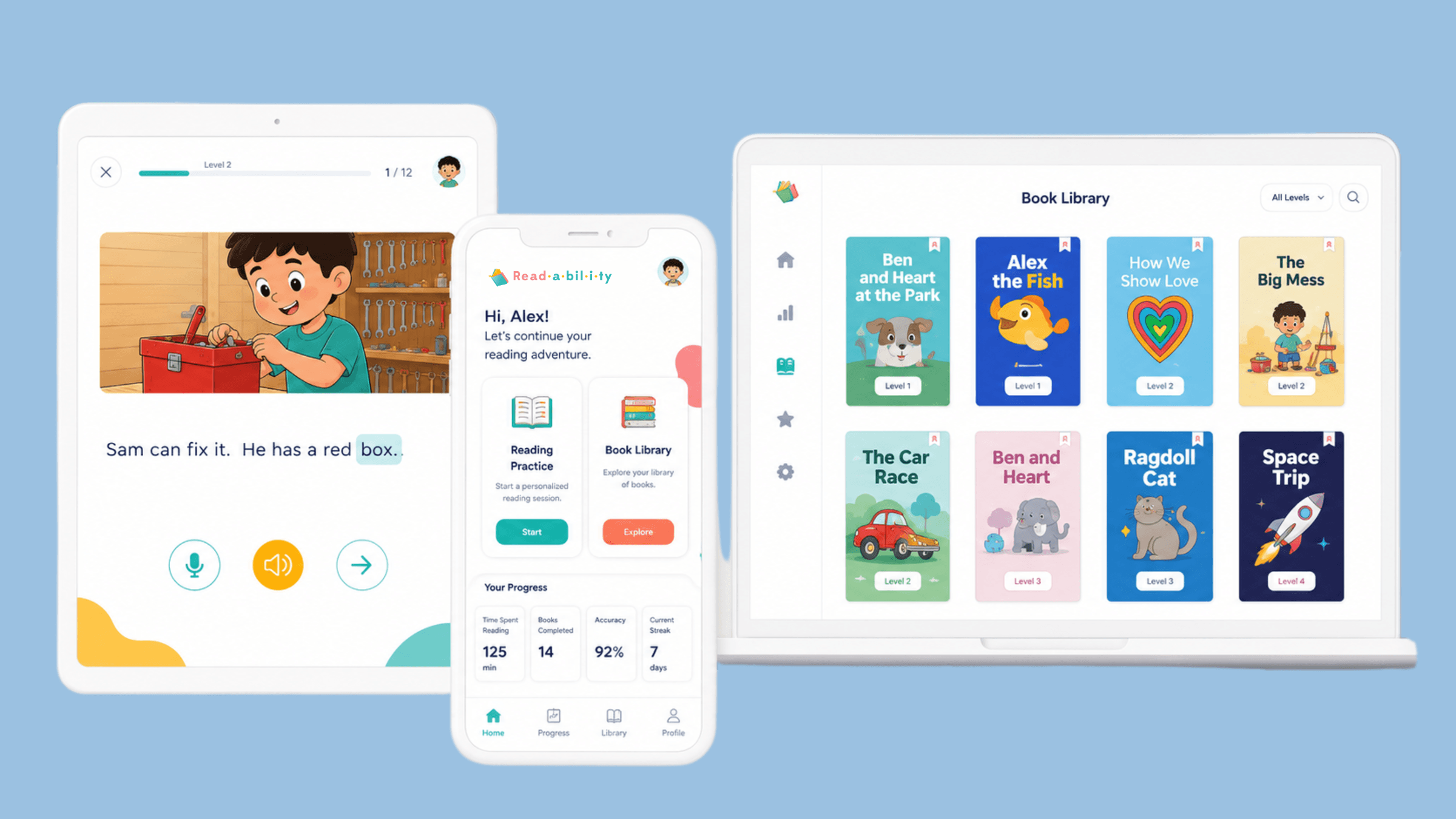 Readability app providing structured literacy practice, decodable books, and personalized reading support for children with dyslexia