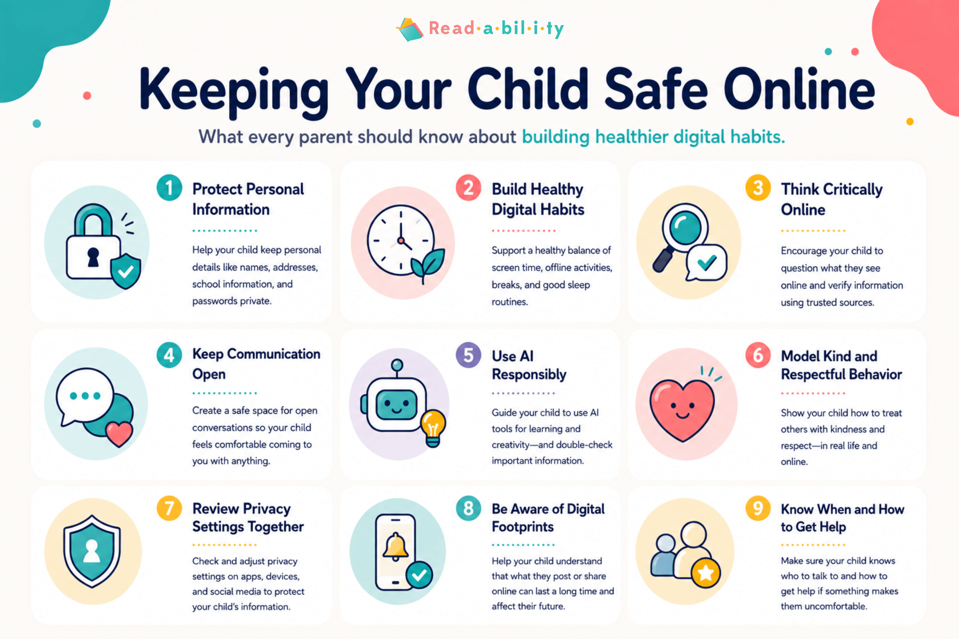 Infographic with an online safety checklist for families, including protecting personal information, healthy digital habits, critical thinking, responsible AI use, and more