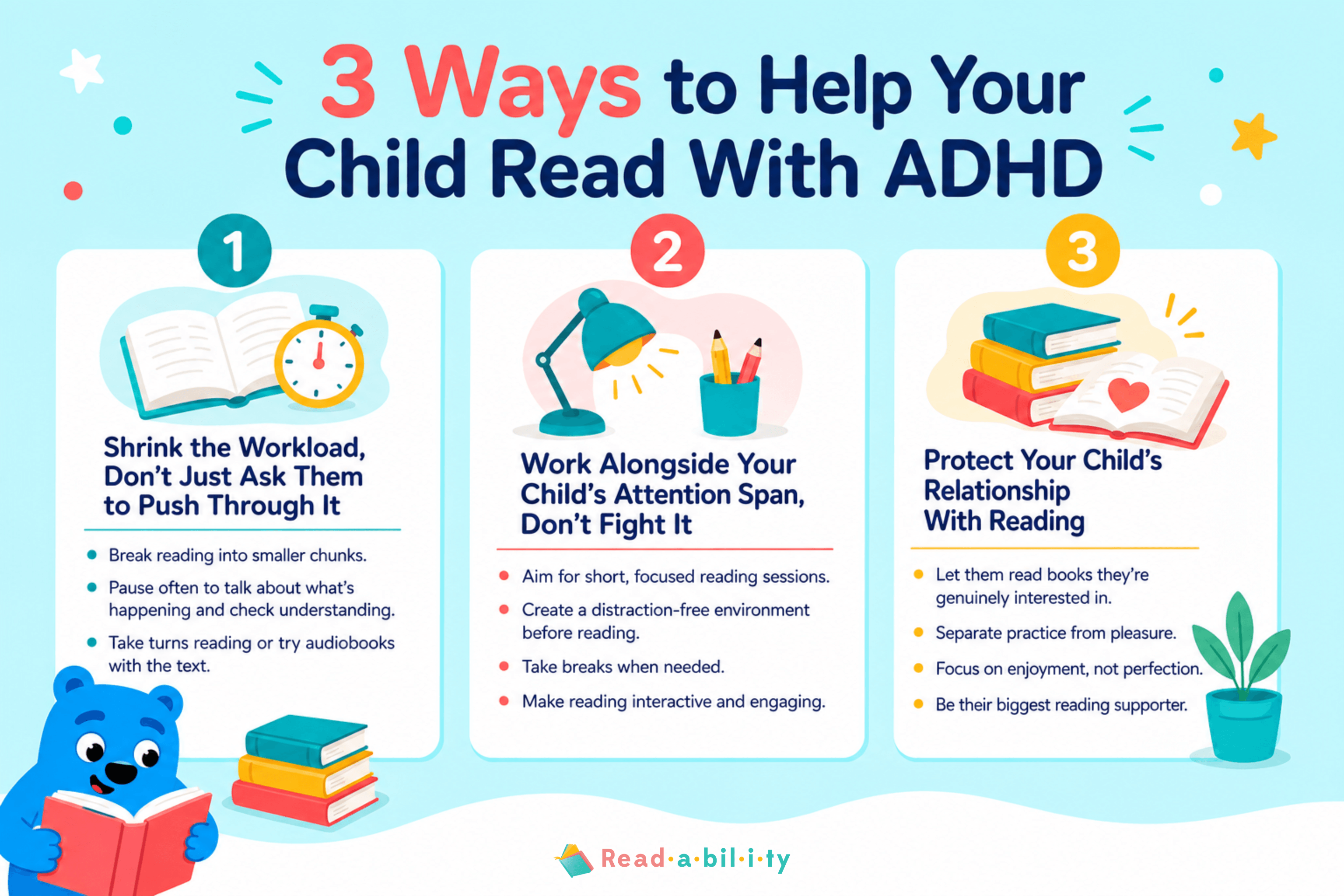 Infographic showing 3 ways to help your child read with ADHD
