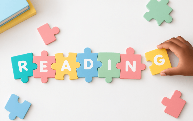 Reading comprehension concept shown with colorful reading puzzle pieces