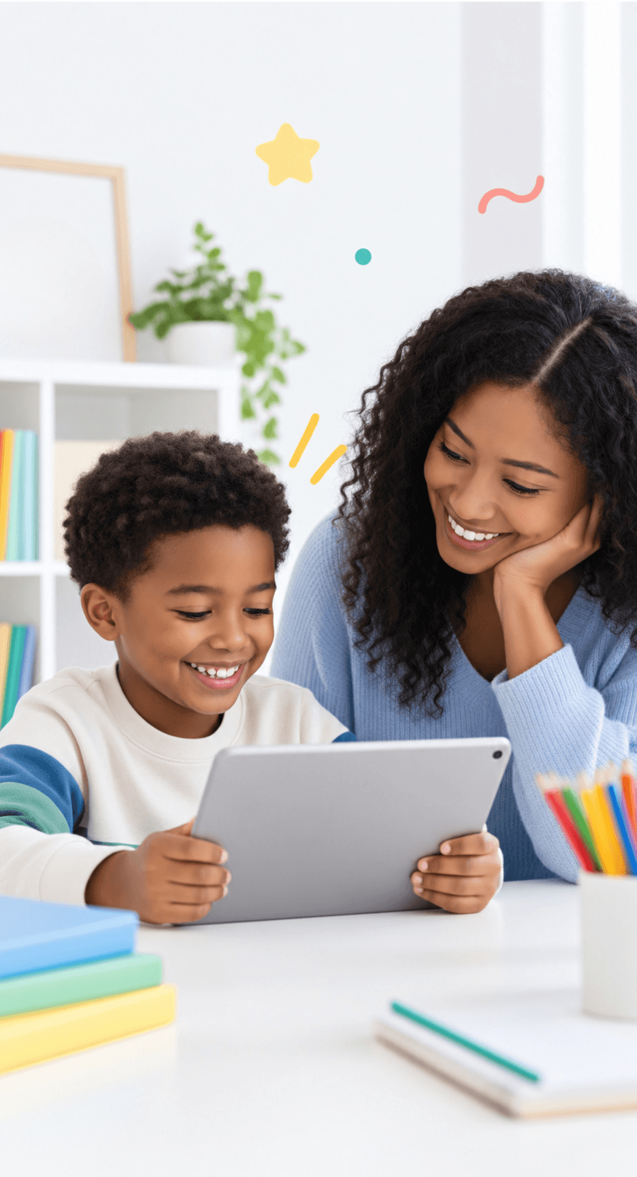 Parent helping a child use a reading comprehension app for kids