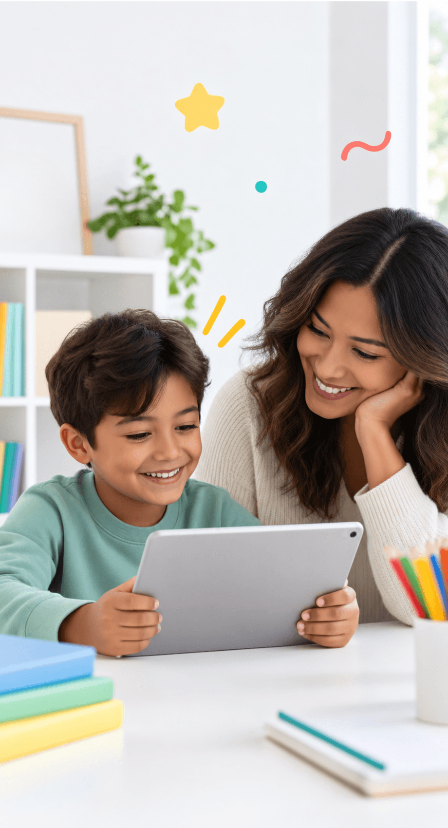 Padre ayudando a su hijo a usar una aplicación de lectura para TDAH para practicar