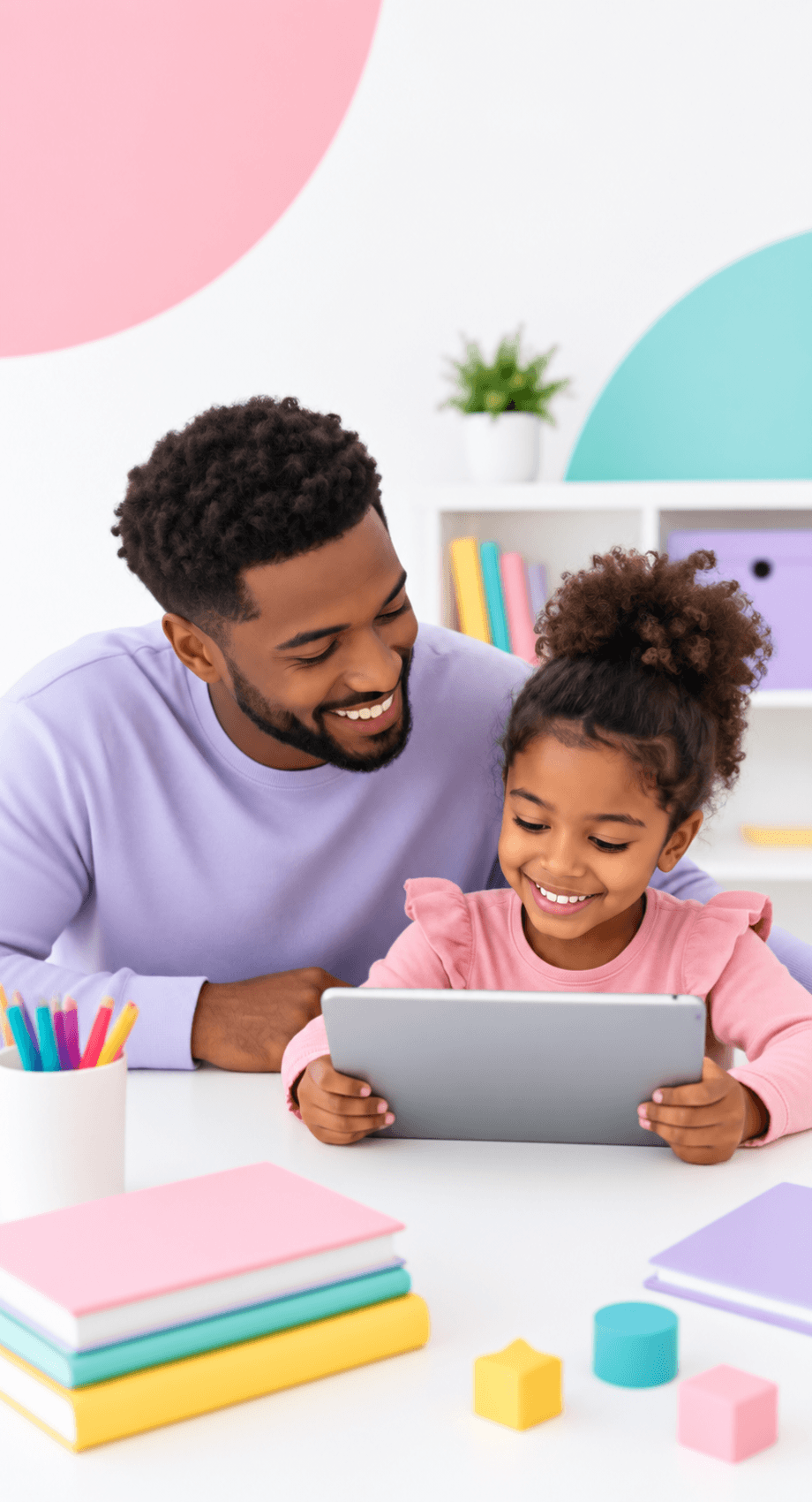 Father and daughter using a reading app for speech delay together