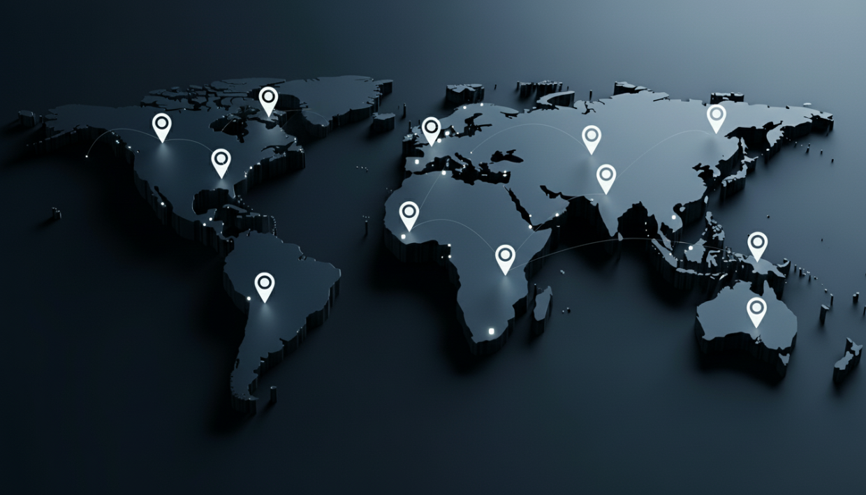 Abstract world map visualization representing Aventarys Group’s 360-degree sovereign coverage across 60 plus jurisdictions.