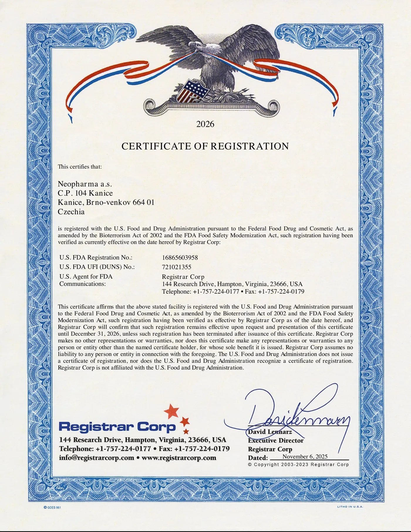Certifikát o registraci FDA – NEOPHARMA a.s.